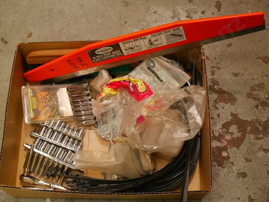 box; sockets, cable ties, nails, wallpaper, straight edge, brush Image 1++