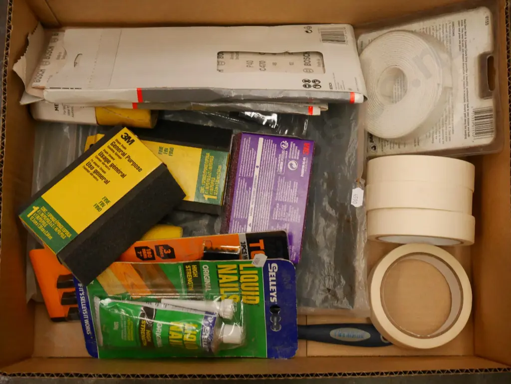 box; painters tape, liquid nails, sanding sponge etc Image 1++