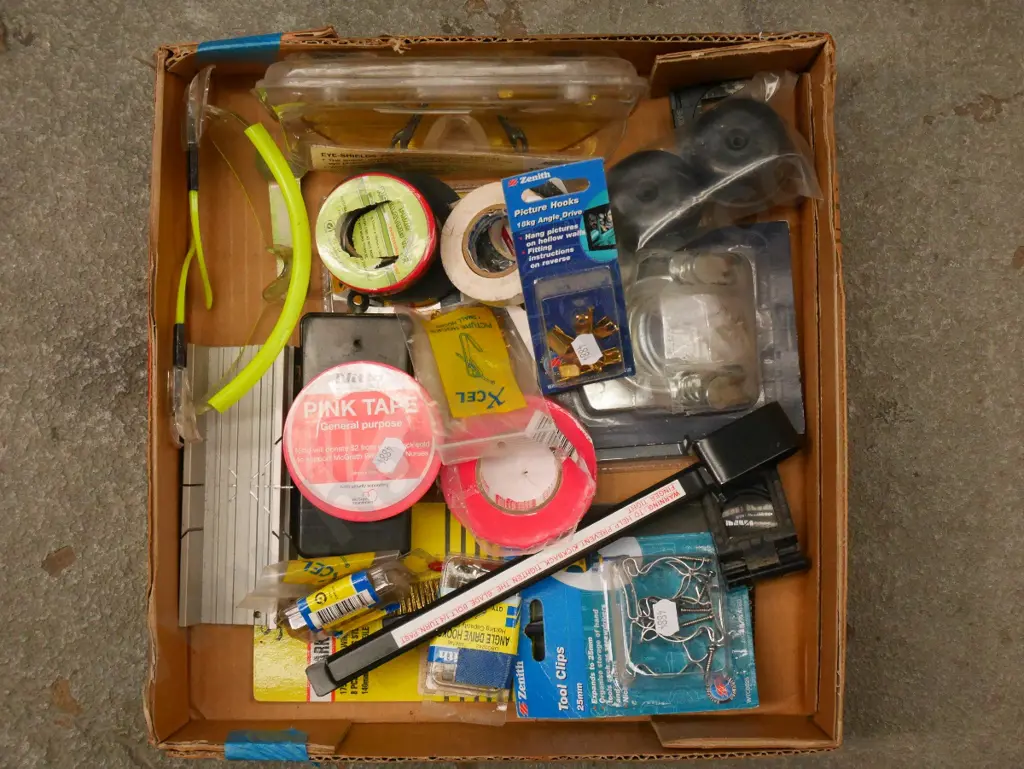 box; various tapes, tool clips, safety glasses etc Image 1++