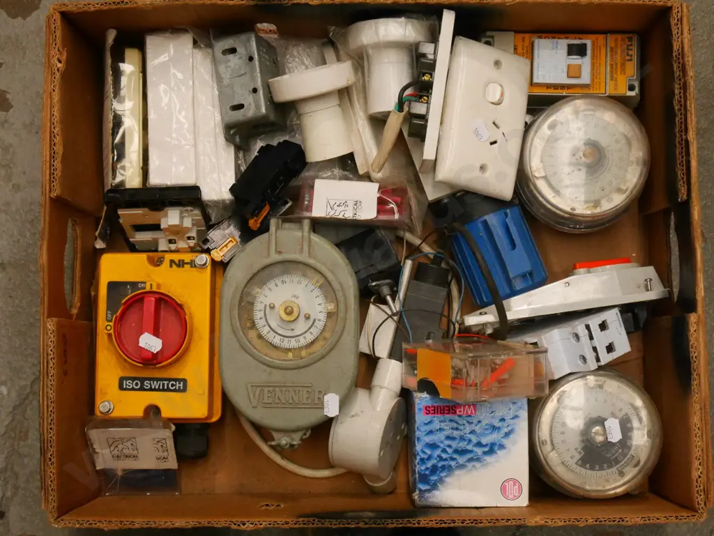 box of electrical: meters, light switches etc Image 1++