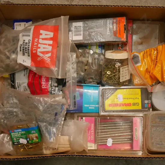 box of screws, nails and angle grinder discs