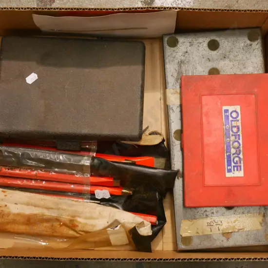 box; cold chisels, flaring tool, sockets, hole saw etc
