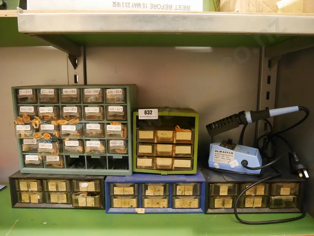 numerous plastic drawers of various electronic diodes, electronic items, soldering iron Image 1++
