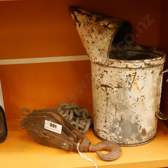 large oil pourer, vintage pulley hook