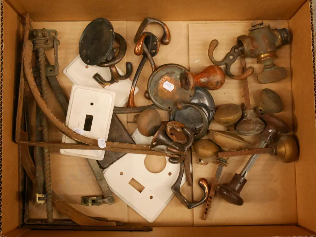 box; vintage door hardware, hooks, switch cover plates etc Image 1++