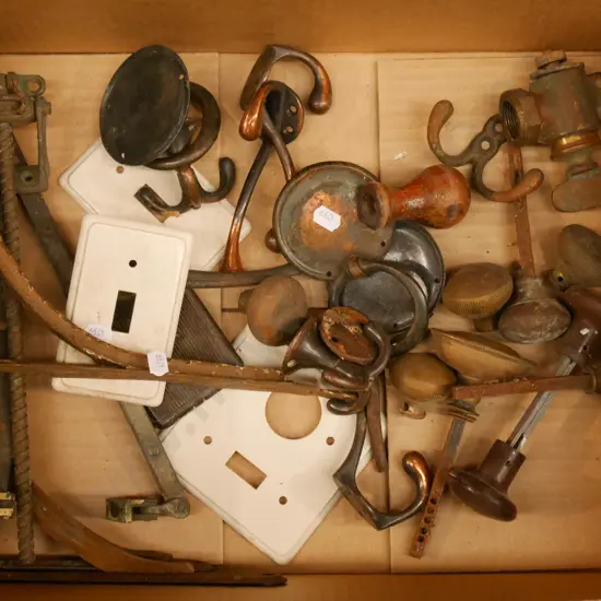 box; vintage door hardware, hooks, switch cover plates etc