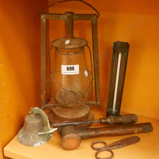 kerosene lantern, brass bell etc