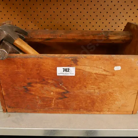 wooden tool box; mallet, 2 hammers