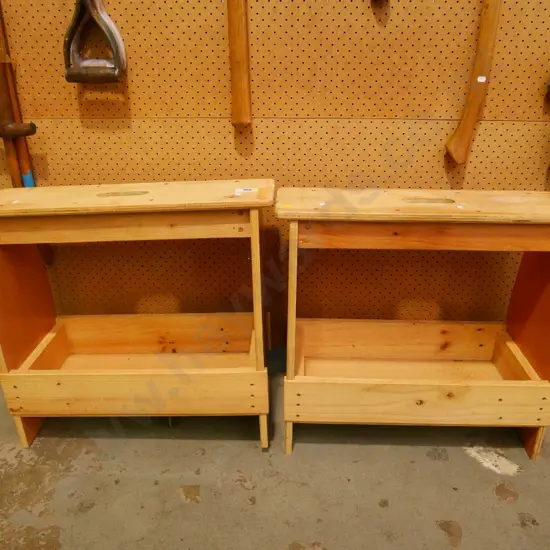 pair of wooden saw horses/storage bins - yellow dots