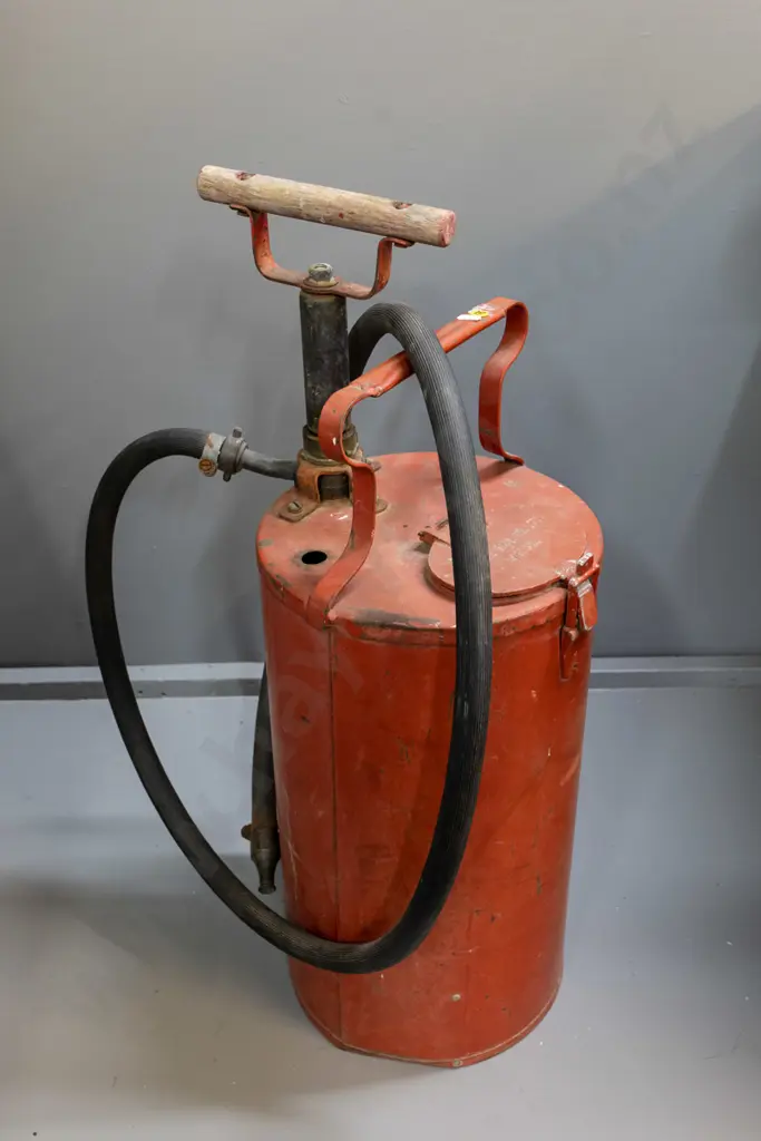 pump fire extinguisher with hose & wooden handle stamped Pearce Eng Co WGTN - H-750 D-270 Image 1++