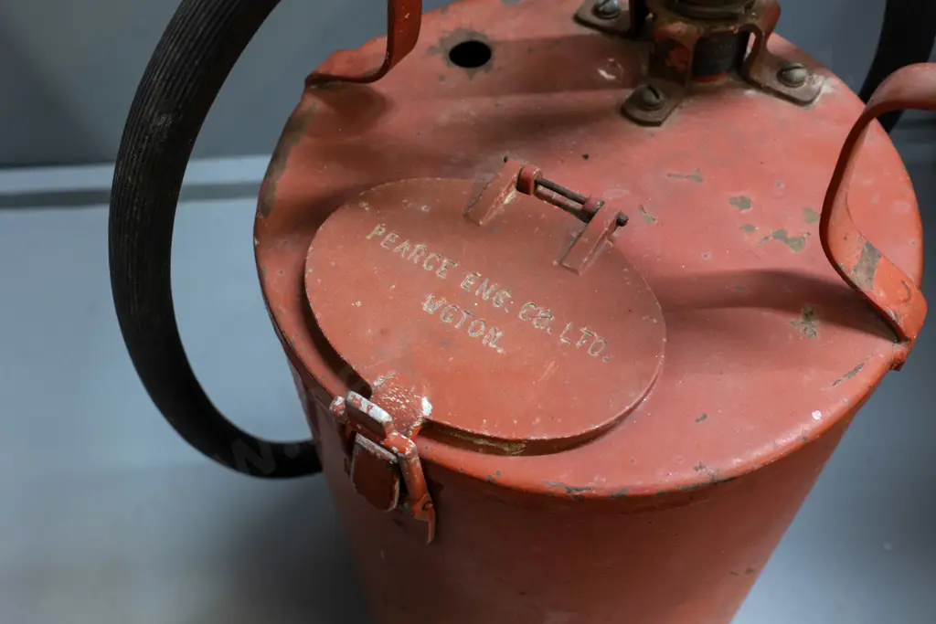 pump fire extinguisher with hose & wooden handle stamped Pearce Eng Co WGTN - H-750 D-270 Image 1++
