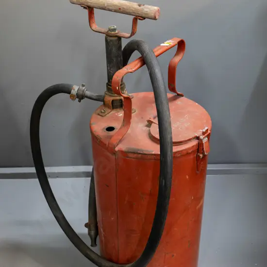 pump fire extinguisher with hose & wooden handle stamped Pearce Eng Co WGTN - H-750 D-270