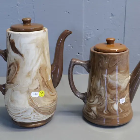 Temuka pottery - 2 Te Rona brown swirl coffee pots, taller one has chip to spout H250 W200