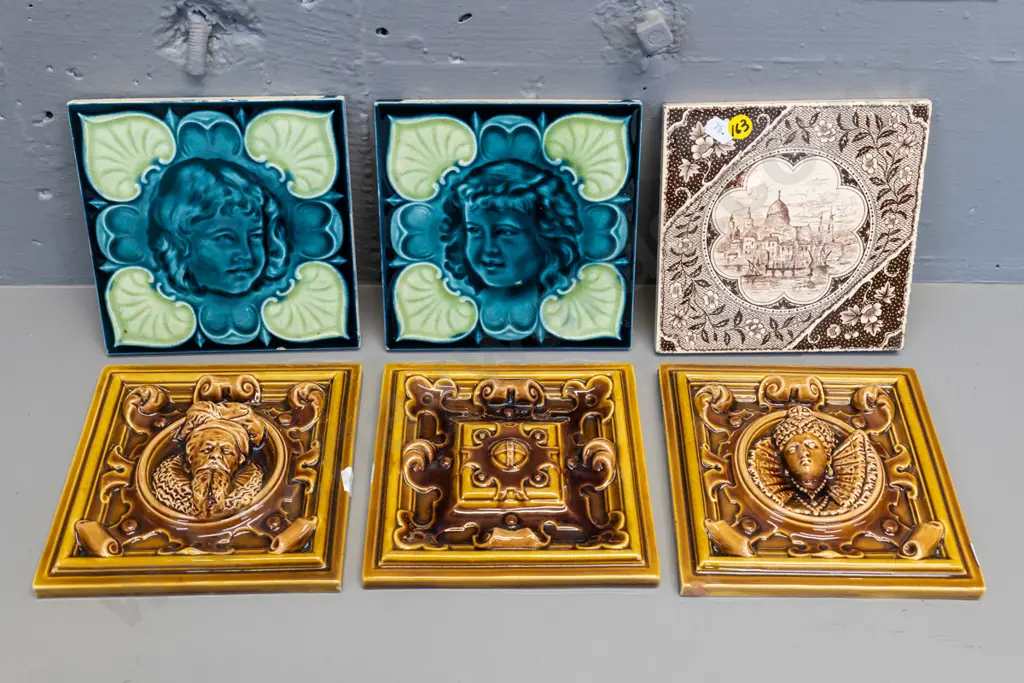 6 vintage ceramic tiles - 3 Wedgwood relief, 2 with faces, 2 cupid tiles, and St Paul's - all approx. 150 x 150 Image 1++