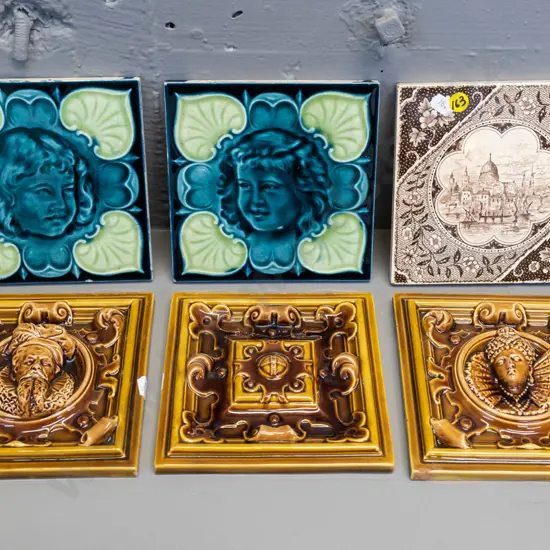 6 vintage ceramic tiles - 3 Wedgwood relief, 2 with faces, 2 cupid tiles, and St Paul's - all approx. 150 x 150