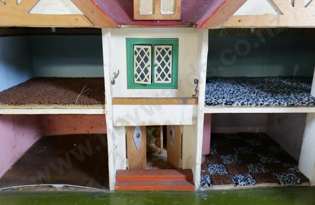 vintage Triang doll house - wood with metal windows, has damage and wear, missing parts, no lights H430 W720 D350 Image 1++