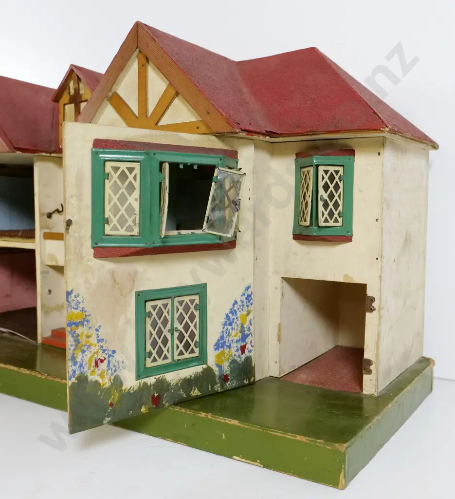 vintage Triang doll house - wood with metal windows, has damage and wear, missing parts, no lights H430 W720 D350 Image 1++