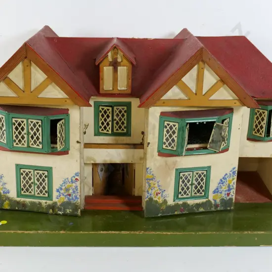 vintage Triang doll house - wood with metal windows, has damage and wear, missing parts, no lights H430 W720 D350