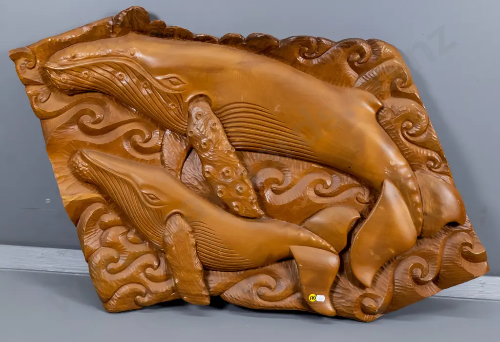 solid kauri whale themed wall hanging H-560 W-740 Image 1++