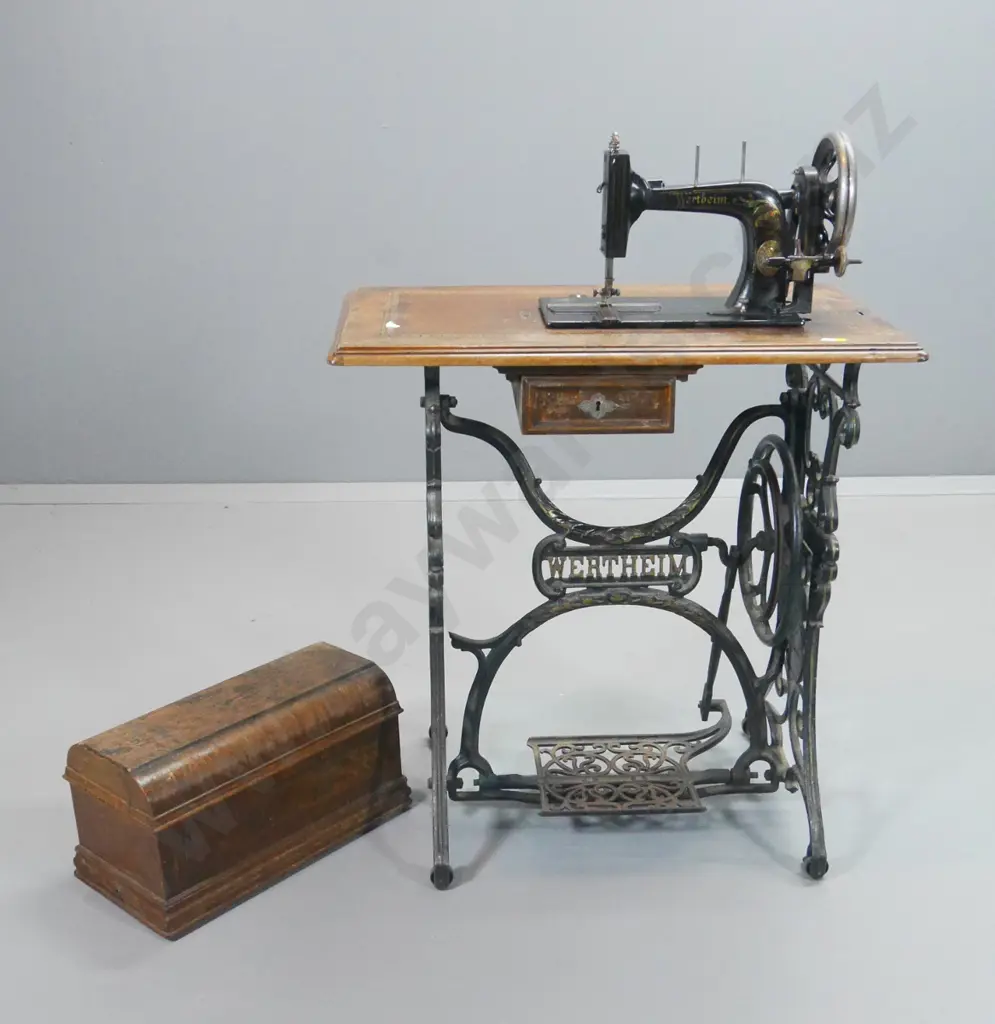 vintage Wertheim sewing machine on cast iron treadle base, timber top, some wear & loss of marquetry H1020 W730 D420 Image 1++
