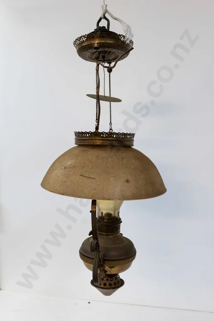 brass and copper hanging kerosene lamp converted to electric - dirt and tarnishing H-740 Shade Diameter 340 Image 1++