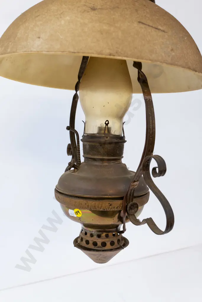 brass and copper hanging kerosene lamp converted to electric - dirt and tarnishing H-740 Shade Diameter 340 Image 1++