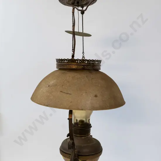 brass and copper hanging kerosene lamp converted to electric - dirt and tarnishing H-740 Shade Diameter 340