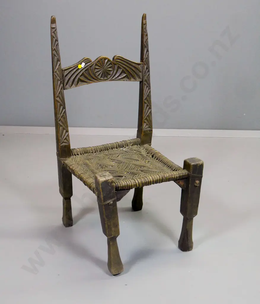 restorer's vintage Nuristan, Afghanistan carved timber chair with woven cane seat - age wear & damage H850 W400 D420 Image 1++
