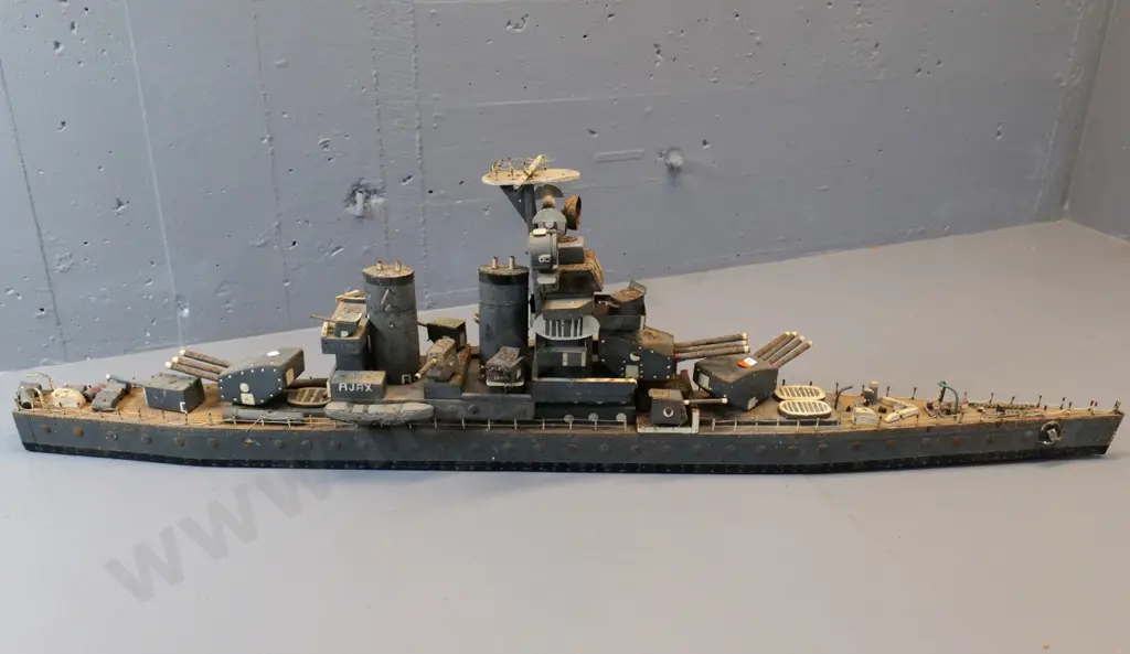 very large wood and metal home-made model of battle cruiser HMS Ajax L-1200 - has borer, corrosion etc. Image 1++
