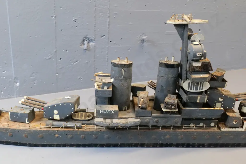very large wood and metal home-made model of battle cruiser HMS Ajax L-1200 - has borer, corrosion etc. Image 1++