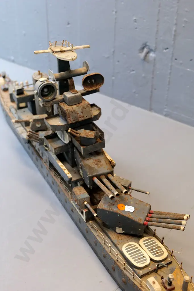 very large wood and metal home-made model of battle cruiser HMS Ajax L-1200 - has borer, corrosion etc. Image 1++