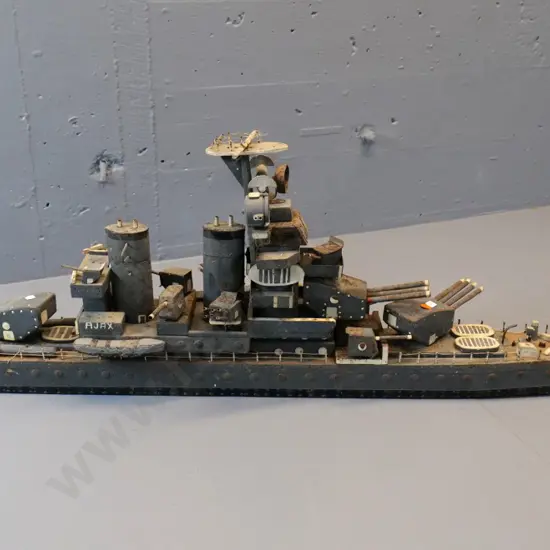 very large wood and metal home-made model of battle cruiser HMS Ajax L-1200 - has borer, corrosion etc.