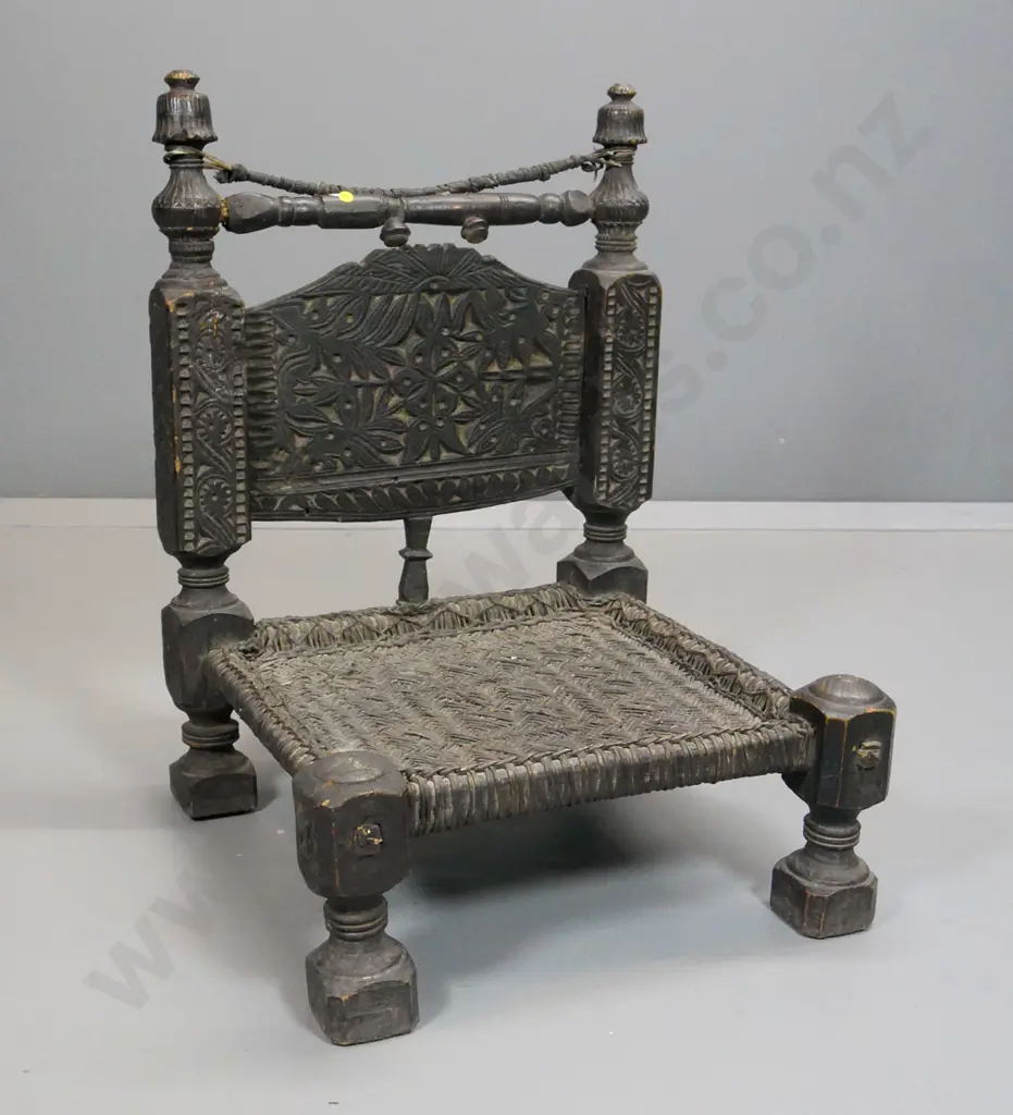 restorer's vintage Swat Valley, Pakistan carved timber low chair with woven cane seat - age wear & damageH740 W540 D540 Image 1++