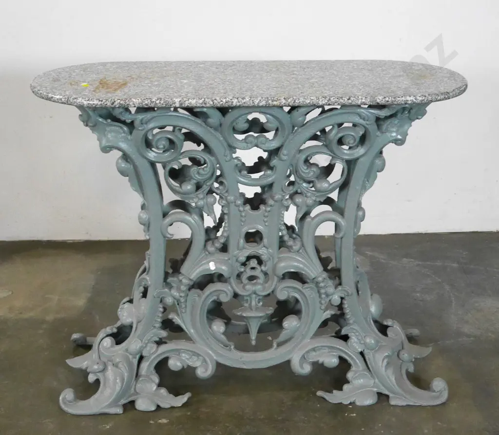 hall table made from vintage French ornate cast iron base, some staining to marble top H730 W930 D360 Image 1++