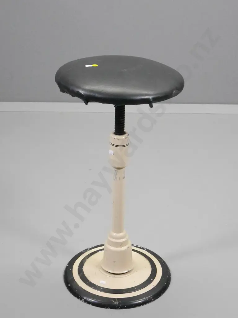 vintage painted metal dental / task stool with tilting spring base, reupholstered leather seat H-620 D-320 Image 1++