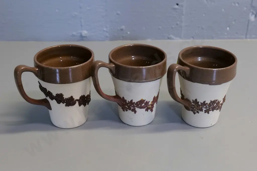 Temuka pottery - 3 brown & cream jasperware mugs - marked Lovatt's, one has piece of relief missing H100 Image 1++
