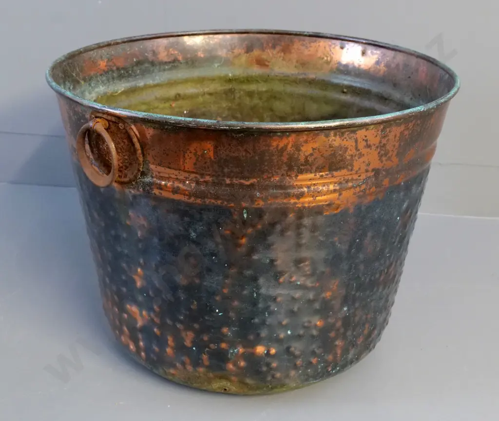beaten copper planter or wood bin - only one handle, seems to have had feet at one point H-400 D-490 Image 1++