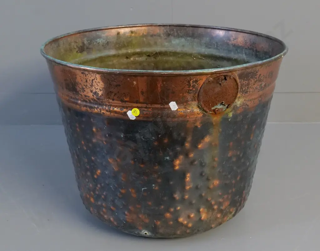beaten copper planter or wood bin - only one handle, seems to have had feet at one point H-400 D-490 Image 1++