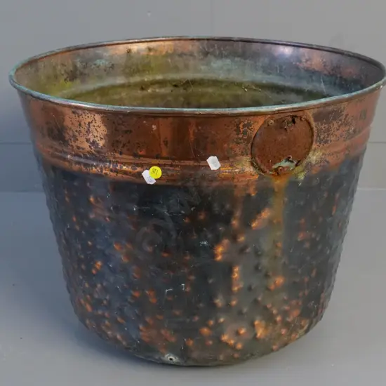 beaten copper planter or wood bin - only one handle, seems to have had feet at one point H-400 D-490
