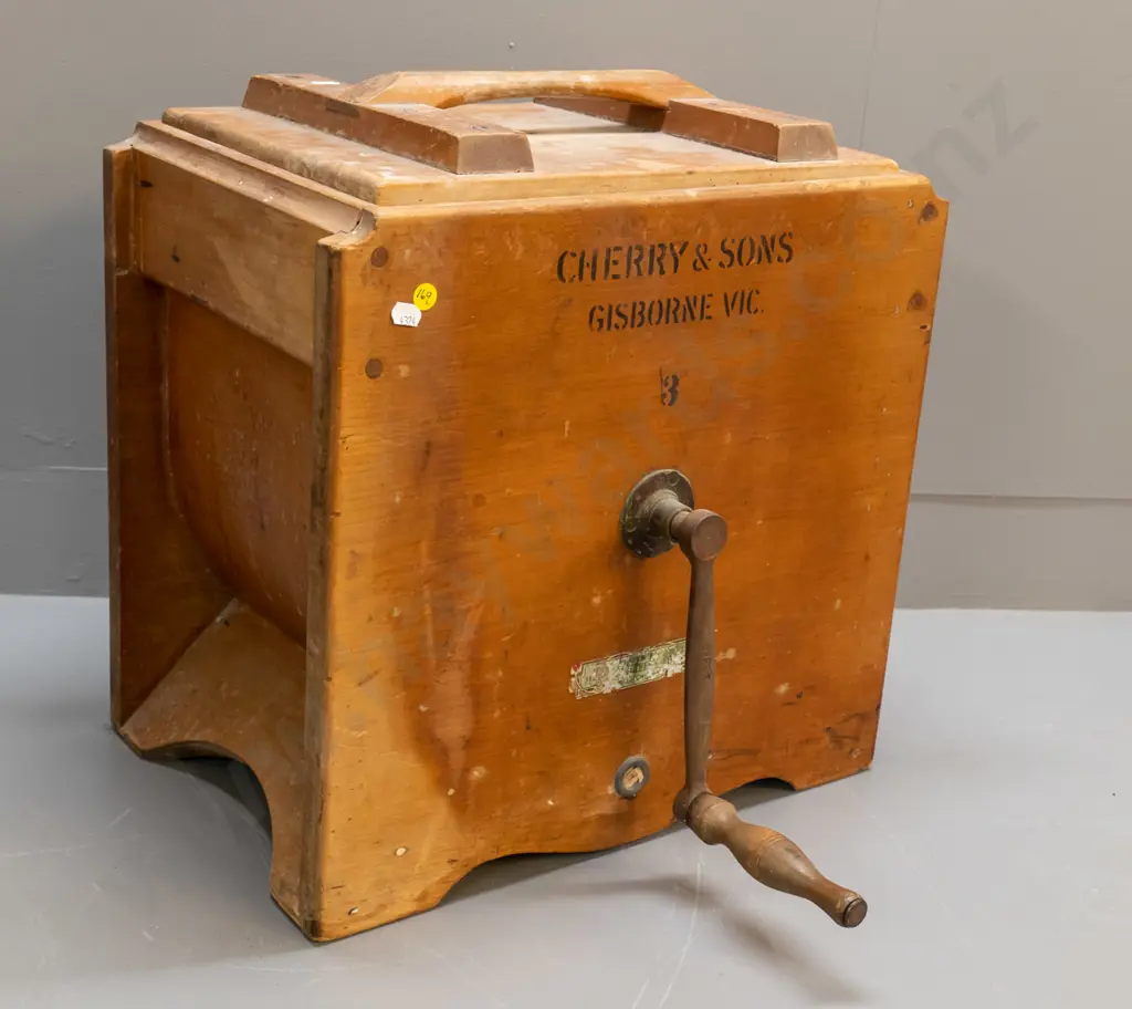 vintage timber butter churn - marked Cherry & Sons, Gisborne, Victoria, some corrosion to handle H-460 W-310 L-440 Image 1++