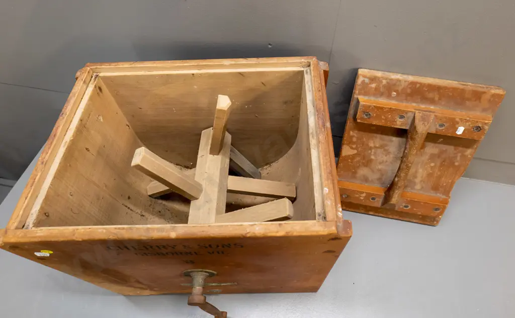 vintage timber butter churn - marked Cherry & Sons, Gisborne, Victoria, some corrosion to handle H-460 W-310 L-440 Image 1++