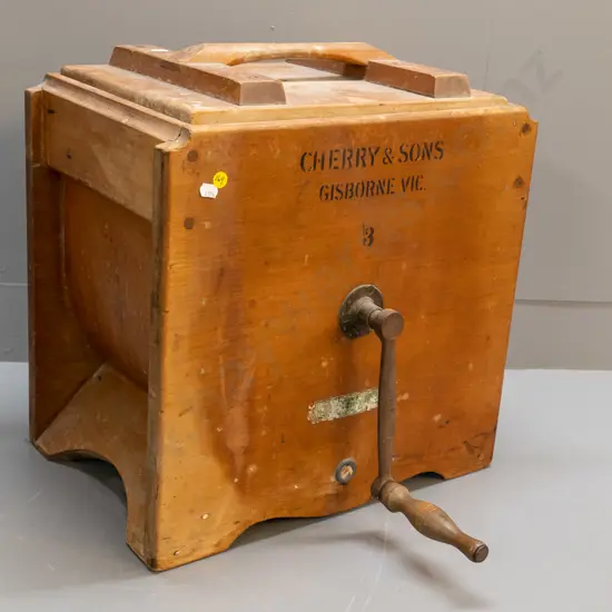 vintage timber butter churn - marked Cherry & Sons, Gisborne, Victoria, some corrosion to handle H-460 W-310 L-440