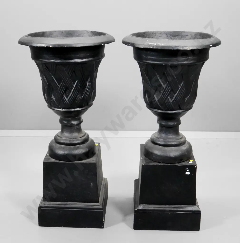 pair of black painted French cast iron lattice-pattern garden urns on square bases H870 Urn Diameter 410 Image 1++