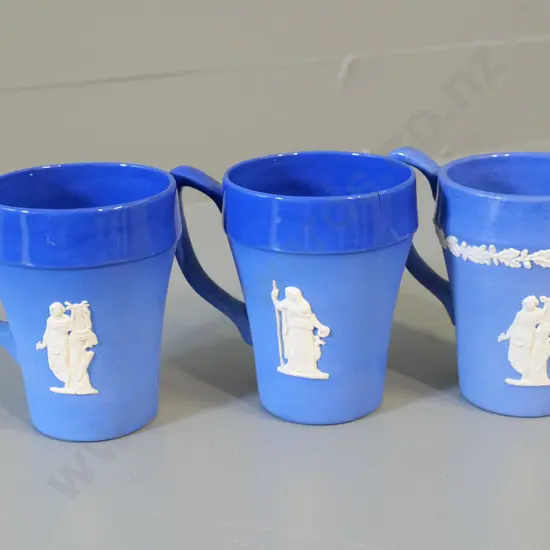 Temuka pottery - 3 blue glaze jasperware mugs signed RS Lovatt, 1980s dates, H-100