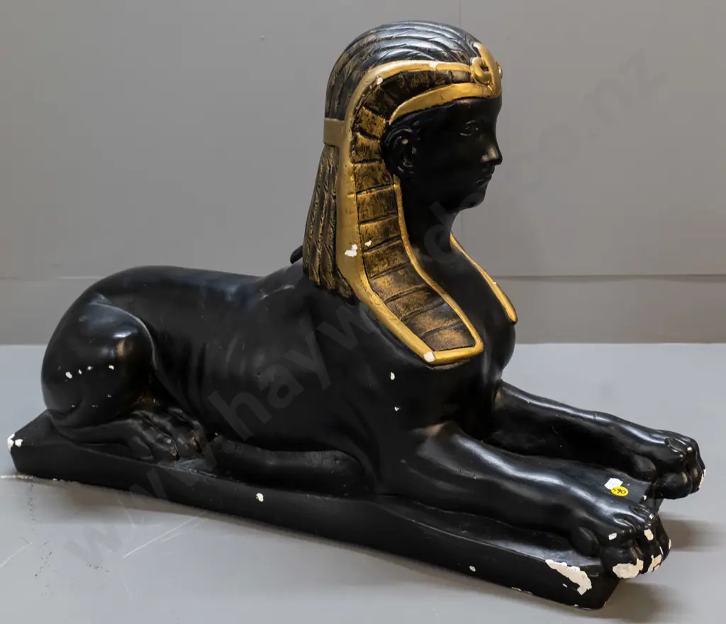 plaster sphinx figure - painted black and gold, areas of paint loss & chips H-460 L-680 W-200 Image 1++