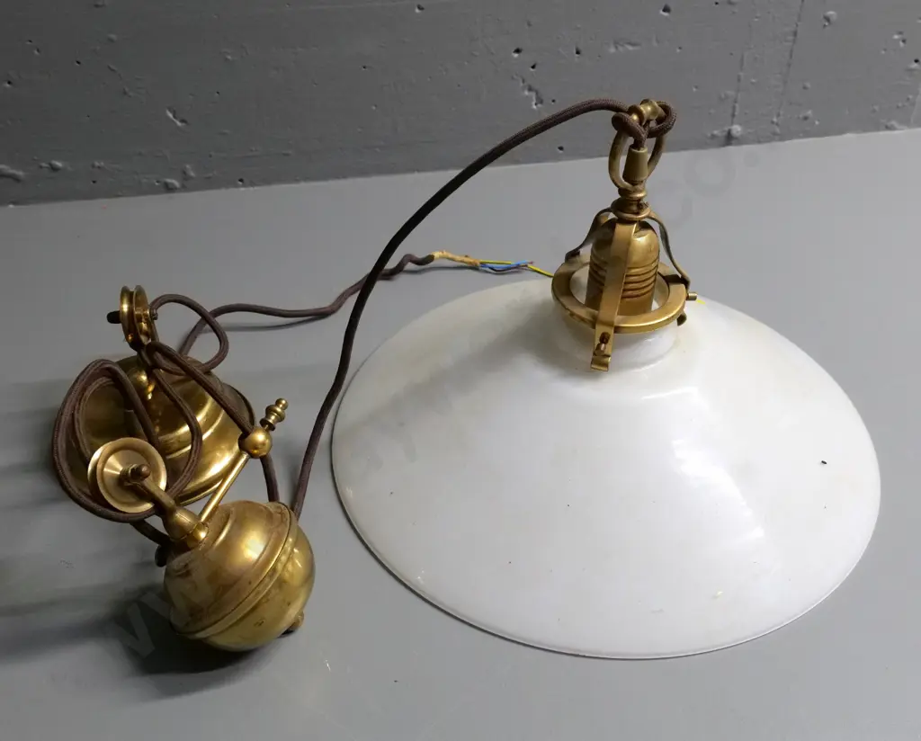 brass rise and fall ceiling light fitting with milk glass shade D-380 - brass embossed 'Virginia Beach' Image 1++