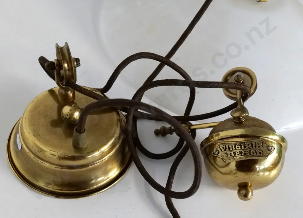 brass rise and fall ceiling light fitting with milk glass shade D-380 - brass embossed 'Virginia Beach' Image 1++
