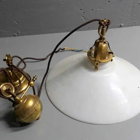 brass rise and fall ceiling light fitting with milk glass shade D-380 - brass embossed 'Virginia Beach'