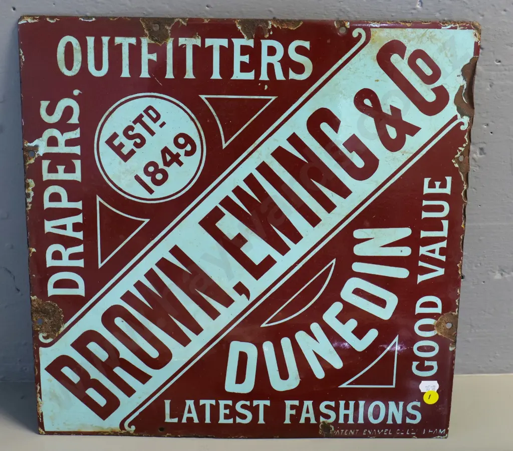 Ewing and Co. Dunedin enamel metal sign 380 x 380 - corrosion and chips Image 1++