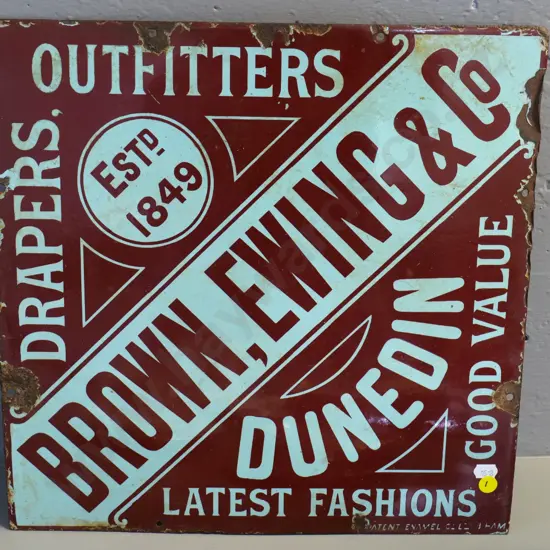 Ewing and Co. Dunedin enamel metal sign 380 x 380 - corrosion and chips